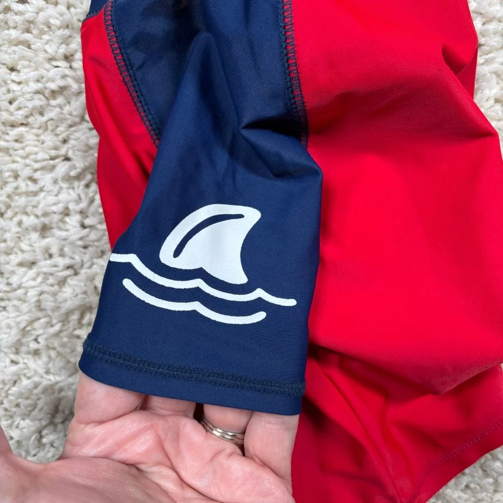 OshKosh B'gosh Boys Rash‎ Guard Swim Shirt Red Navy Shark 12M